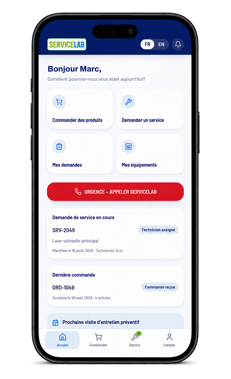 Application ServiceLab Connect affichée sur un téléphone